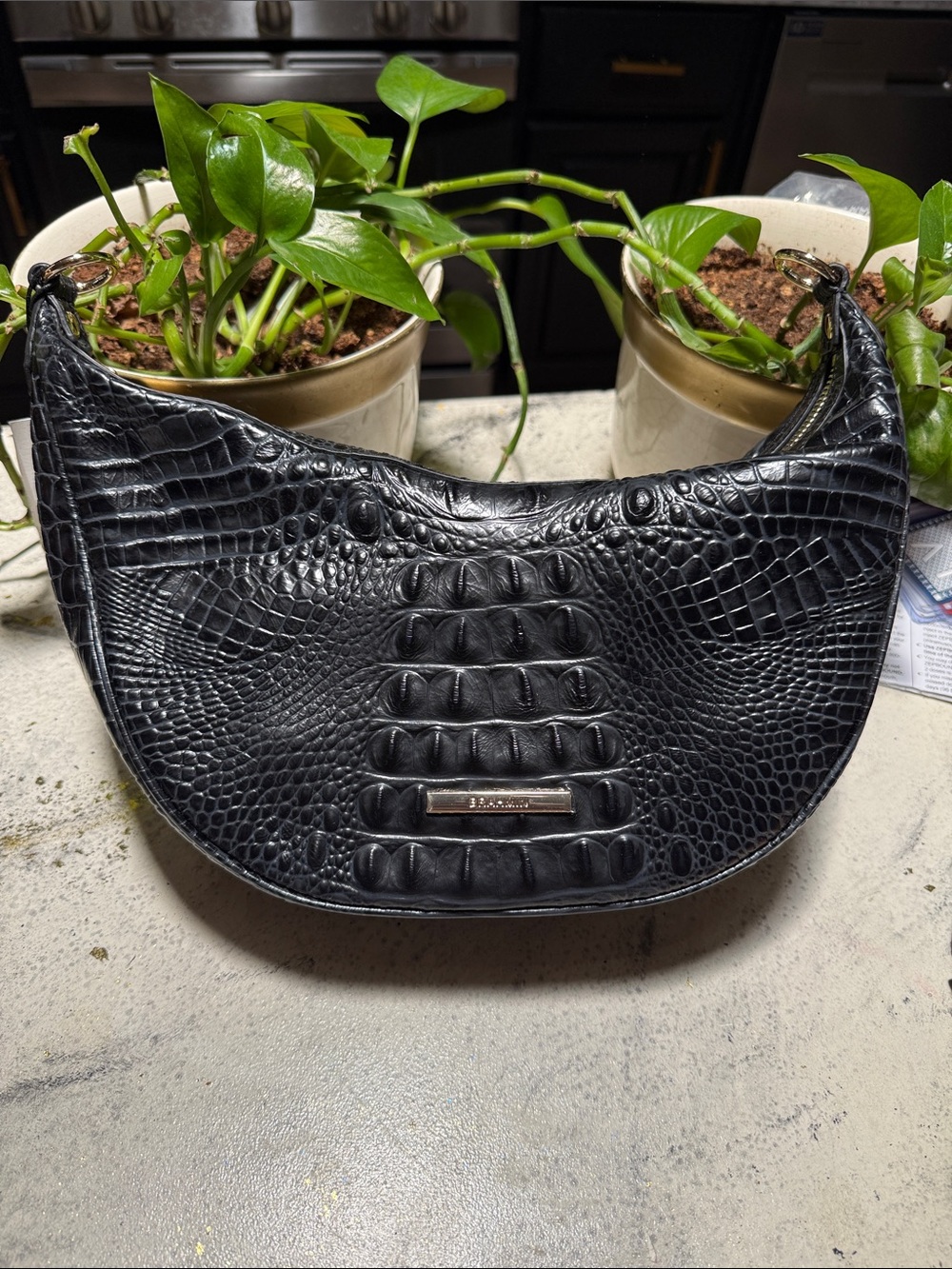 Brahmin Percy Alden Black Croc-Embossed Shoulder Bag missing strap